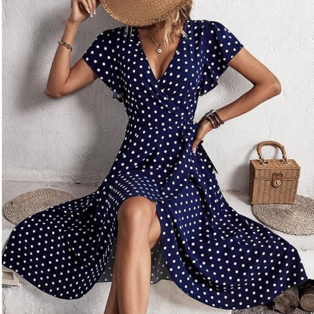 Womens Deep V Neck Sexy Polka Dot Print Butterfly Sleeve Knot Side Wrap SIZE: M